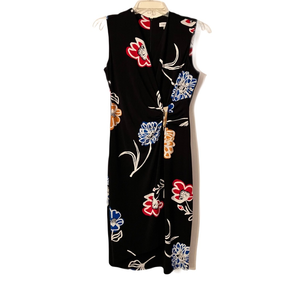Calvin Klein Sleeveless Dress, Sz. 6, Black w/ Flower Print, Faux Wrap Dress